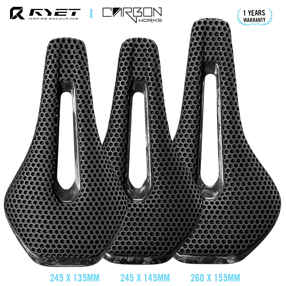 

RYET 3D Printed Full Carbon Bike Saddle, 135/145/155mm for MTB Gravel Road Cycling Lightweight Comfortable Seat Bicycle Parts