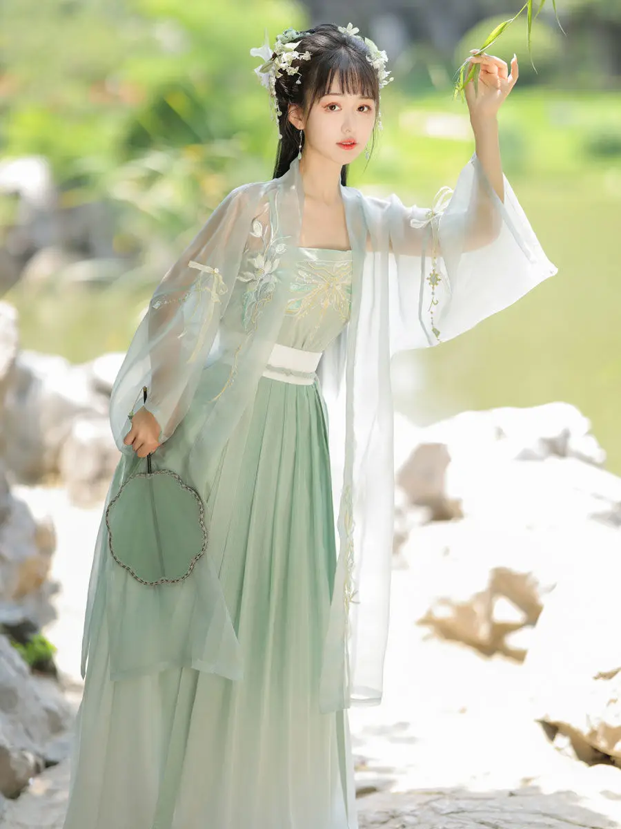 

Ханфу династии китайской песни 2025 года для женщин, пальто из пряжи с вышивкой, жилет длиной до талии, плиссированная юбка, повседневный летний элегантный комплект ханьфу