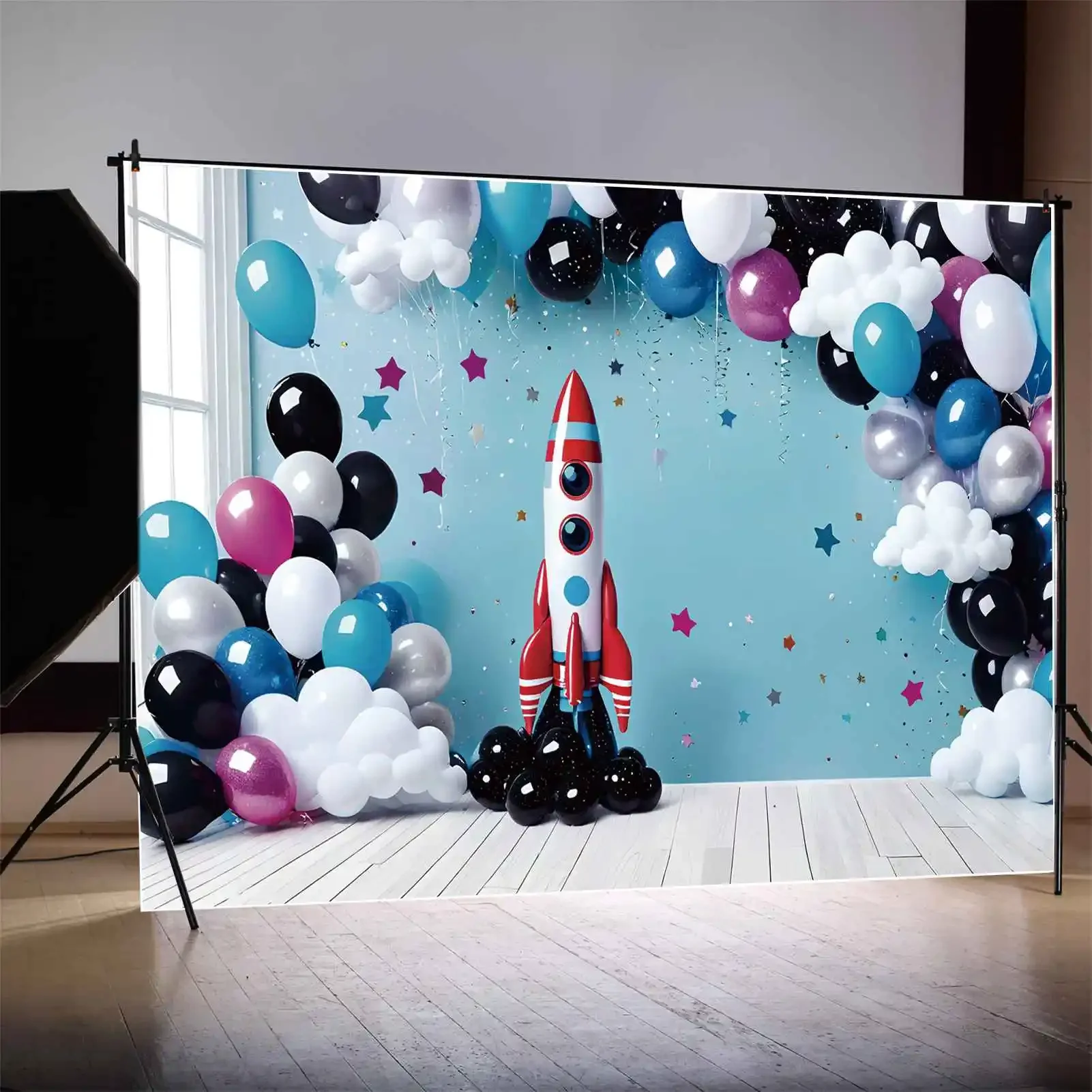 Фон MOON.QG для фотосъемки мальчиков на день рождения, фон для фотосъемки на заказ, с изображением ракеты, звезд, облаков, воздушных шаров, декорация, фотозон, реквизит для фотосъемки