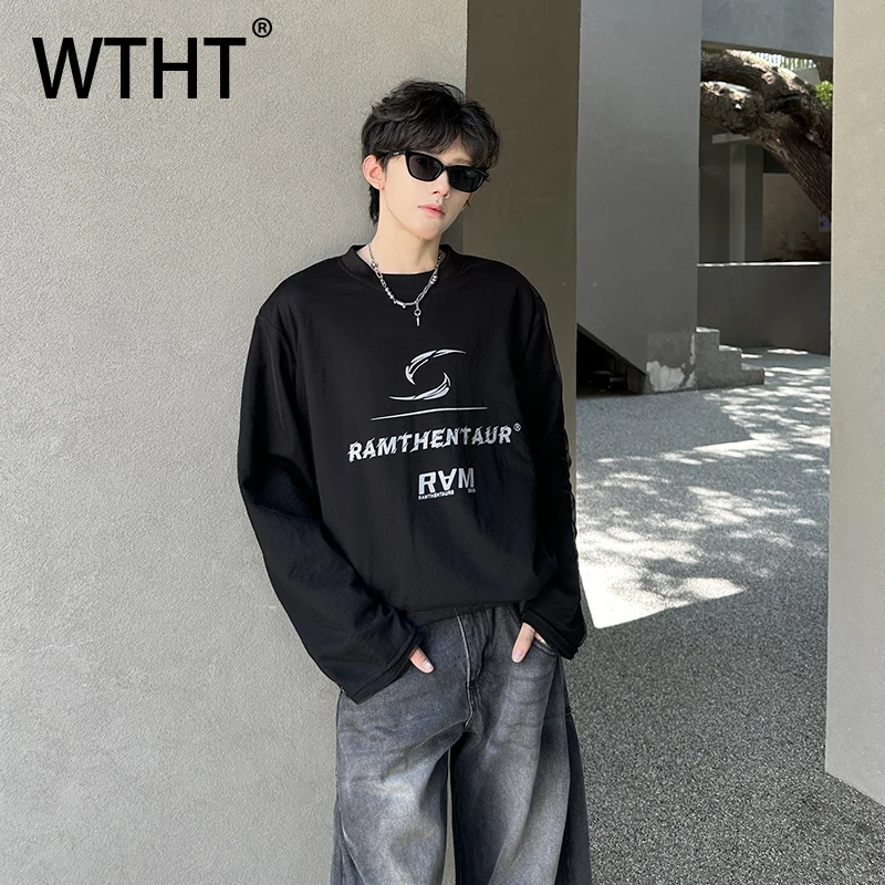

WTHT Fashion Men's Letter Print Spliced Mesh Design High Street T-shirts Trendy Shoulder Pads Round Collar Tops Male 2A3009