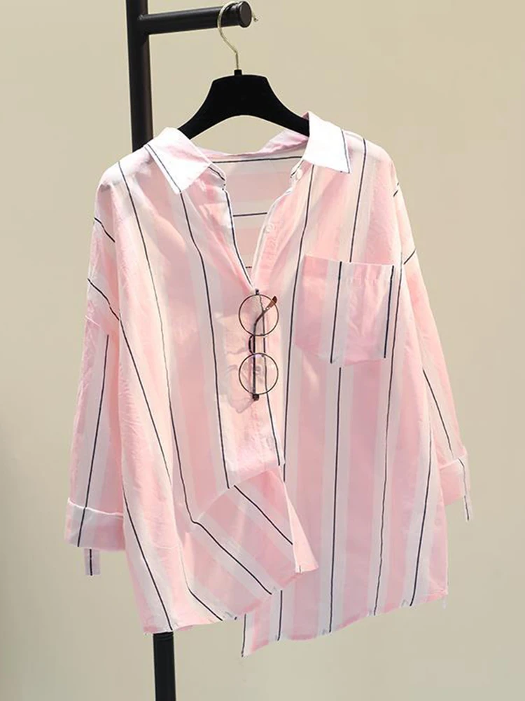 

Jmprs 100% Cotton Women Shirts loose fashion striped long sleeve elegant preppy style ladies shirts button up female tops