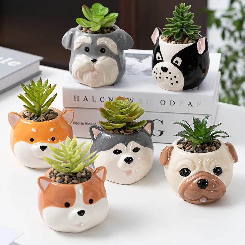 Cartoon Dog Porcelain Planter Plant Potted Plant Cute Animal Dog Tabletop Planter Modern Art Vase Interior Aesthetic Decoration