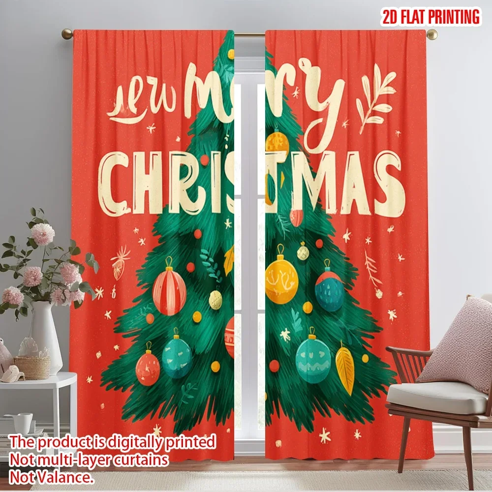 2pcs,2D plane printing Curtains Preety Christmas Tree Durable Polyester (without rod) Holiday Perfect for Living Room & Office