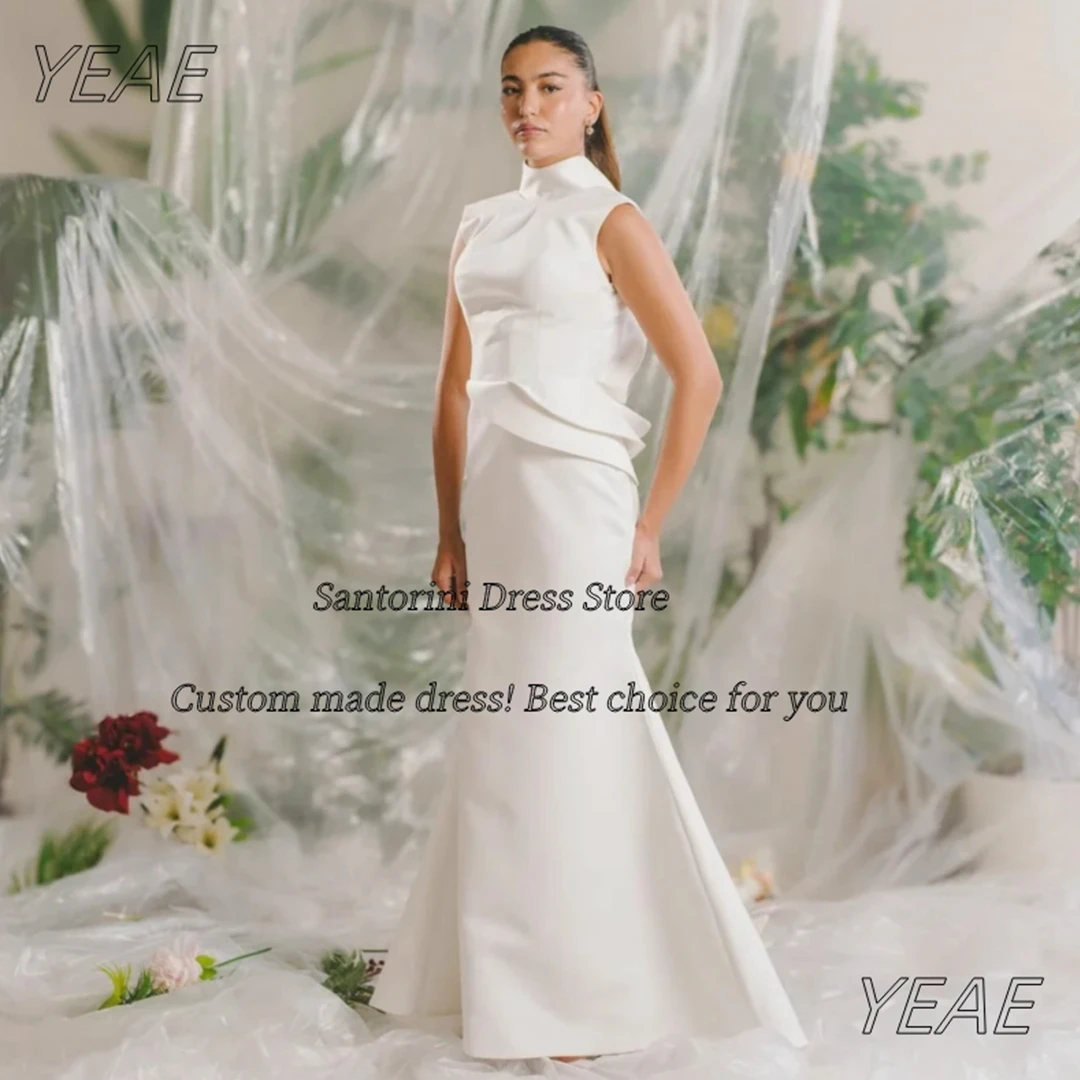 

Santorini Customized Vestidos De Noches High Collar Sexy Backless Prom Evening Dresses Tiered Sash Wedding Party Bride Dress