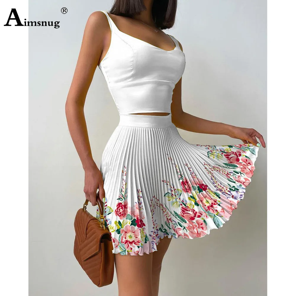 

Aimsnug 2023 Autumn Elegant Tracksuit Sets Women's Crop Top And Mini Pleated Skirt Set Women Boho Flower Print Two Piece Outfits