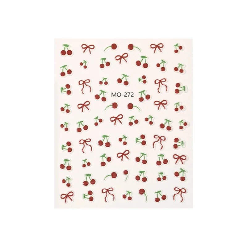 1pcs Kawaii Red Cherry Bow Nail Stickers 3D Cute Bow Fruit Back Adhesive Stickers Press On Nails DIY Nail Art Decorations Decals image 5