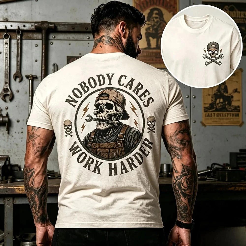2026 No One Cares about Hard Work, Double-sided T-shirt, Unisex, Big Skull, Worker Print, Retro Bicycle, Short Sleeved T-shirt
