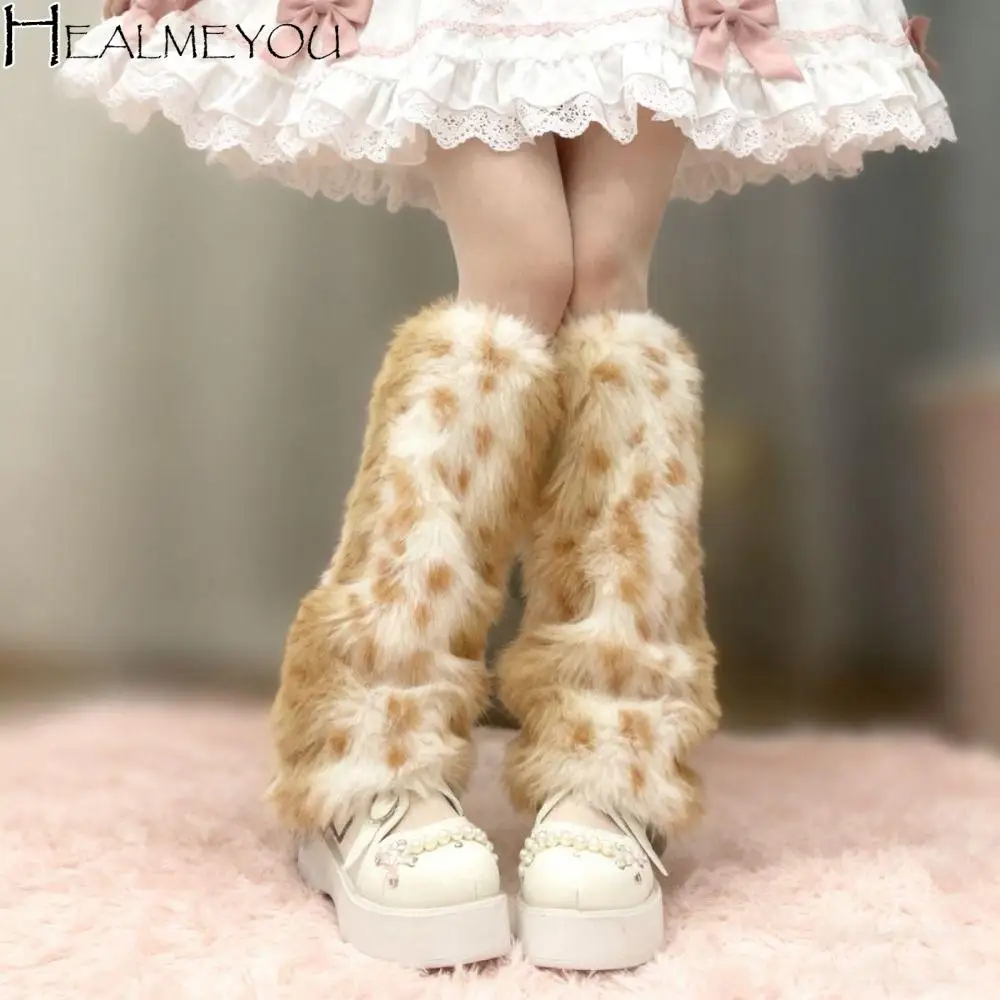 

Fashion Leopard Winter Leg Warmers Foot Cover Y2k Furry Leg Warmers Kawaii Lolita JK Long Stockings Accessories