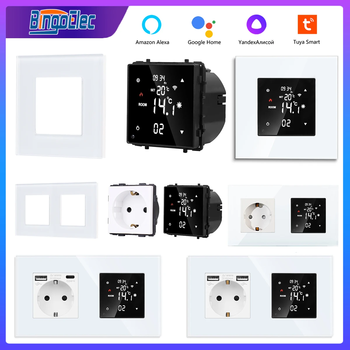 Bingoelec Standard ue Tuya WiFi Smart termostato parte presa a muro porta USB Type-C 1/2/3Gang interruttore a parete bianco modulo fai da te parte