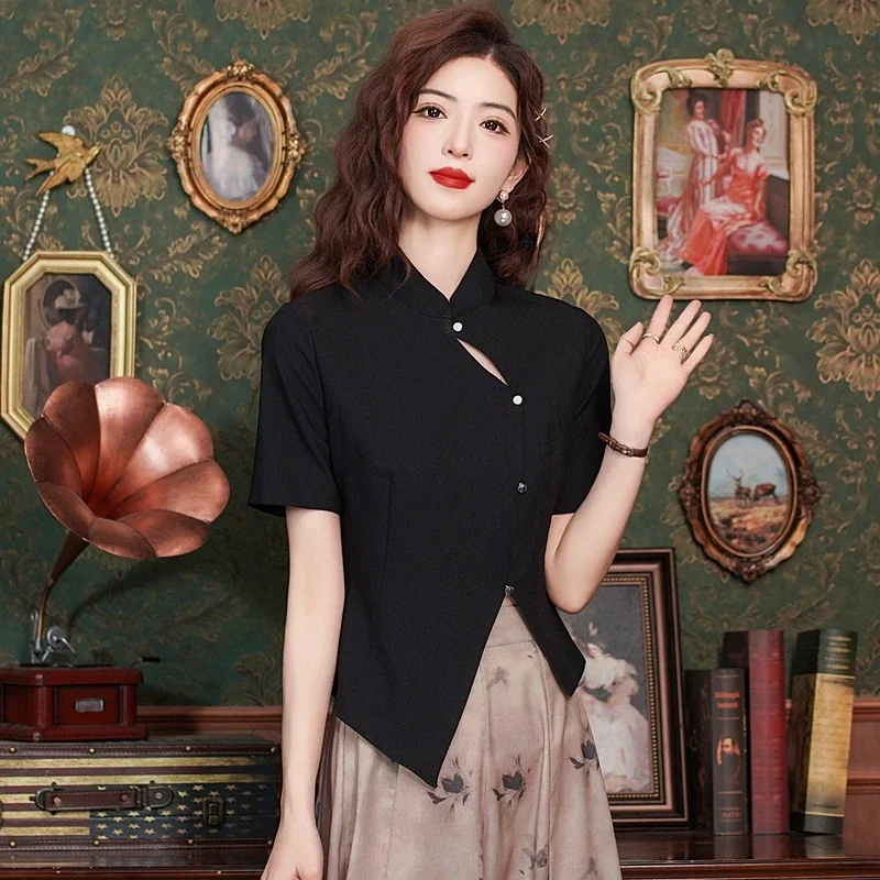 Summer Short Sleeve Black Blouse Women Blusas Mujer De Moda 2024 Verano Chinese Style Retro Slim Blouse Shirt Women Tops H603