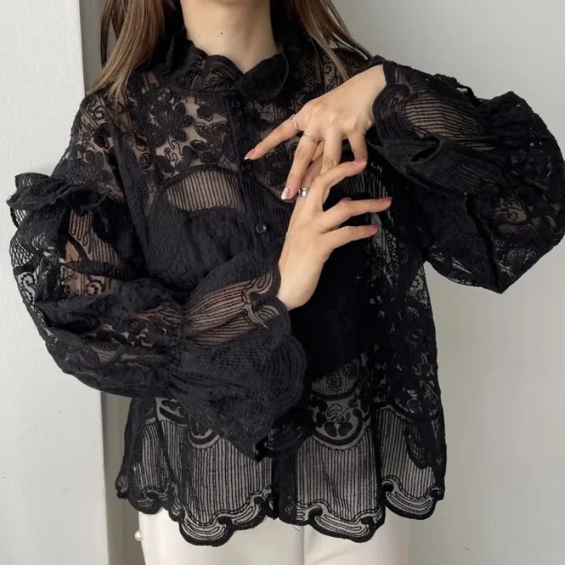 Spring Autumn New Women Lace Embroidered Shirt and Straps 2 Piece Sets Fashion Stand-up Collar Ruffles Long Sleeve Blouse Tops