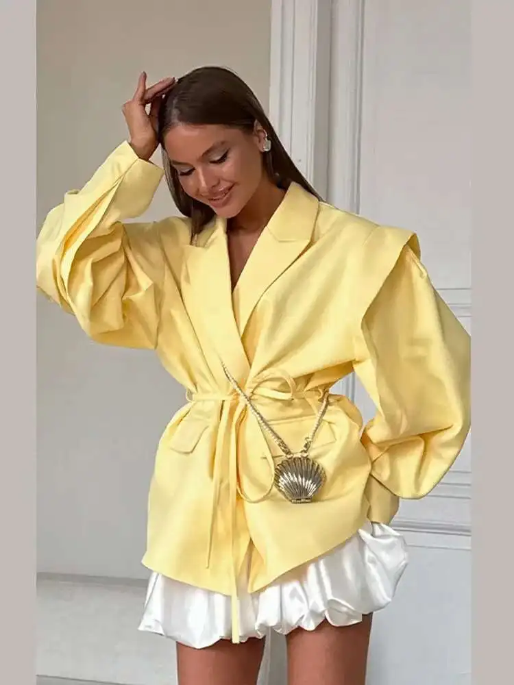 Solid Lapel Blazer Jacket For Women Oversize Notched Single Breasted Shoulder Pads Jackets 2025 Office Lady Long Sleeve Tops M7Q