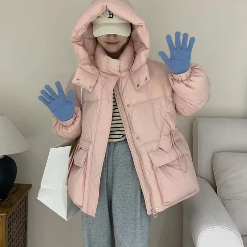 

Hooded waist down jacket for women, medium to long, 2025 winter fashion, sweet and slimming
