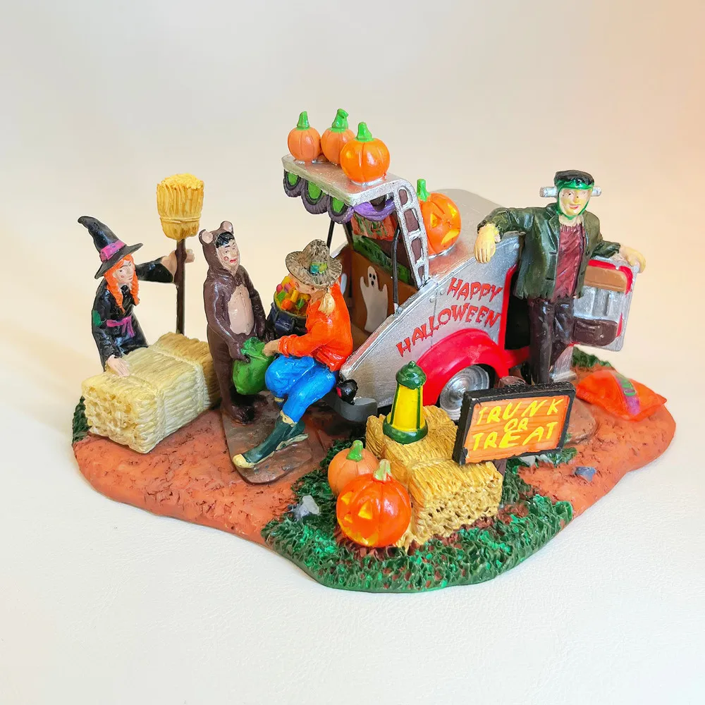 Halloween Trunk Or Treat Truck Resin Figurine Spooky Village Pumpkin Scene Home Decoration Collectible