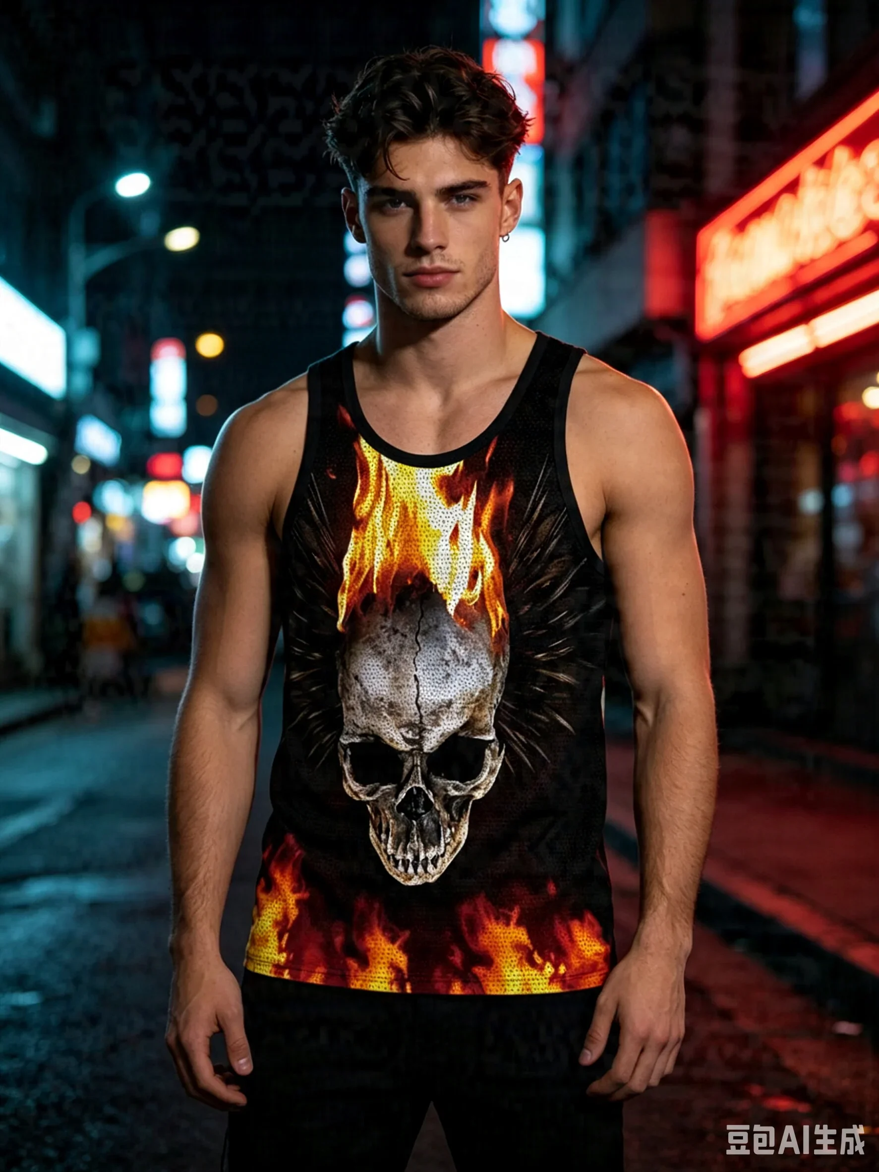 Men's Tank Top with 3D Skull & Flame Print, Hip-hop Street Style Sleeveless Vest for Home Leisure, Gym Sports and Beach Vacation