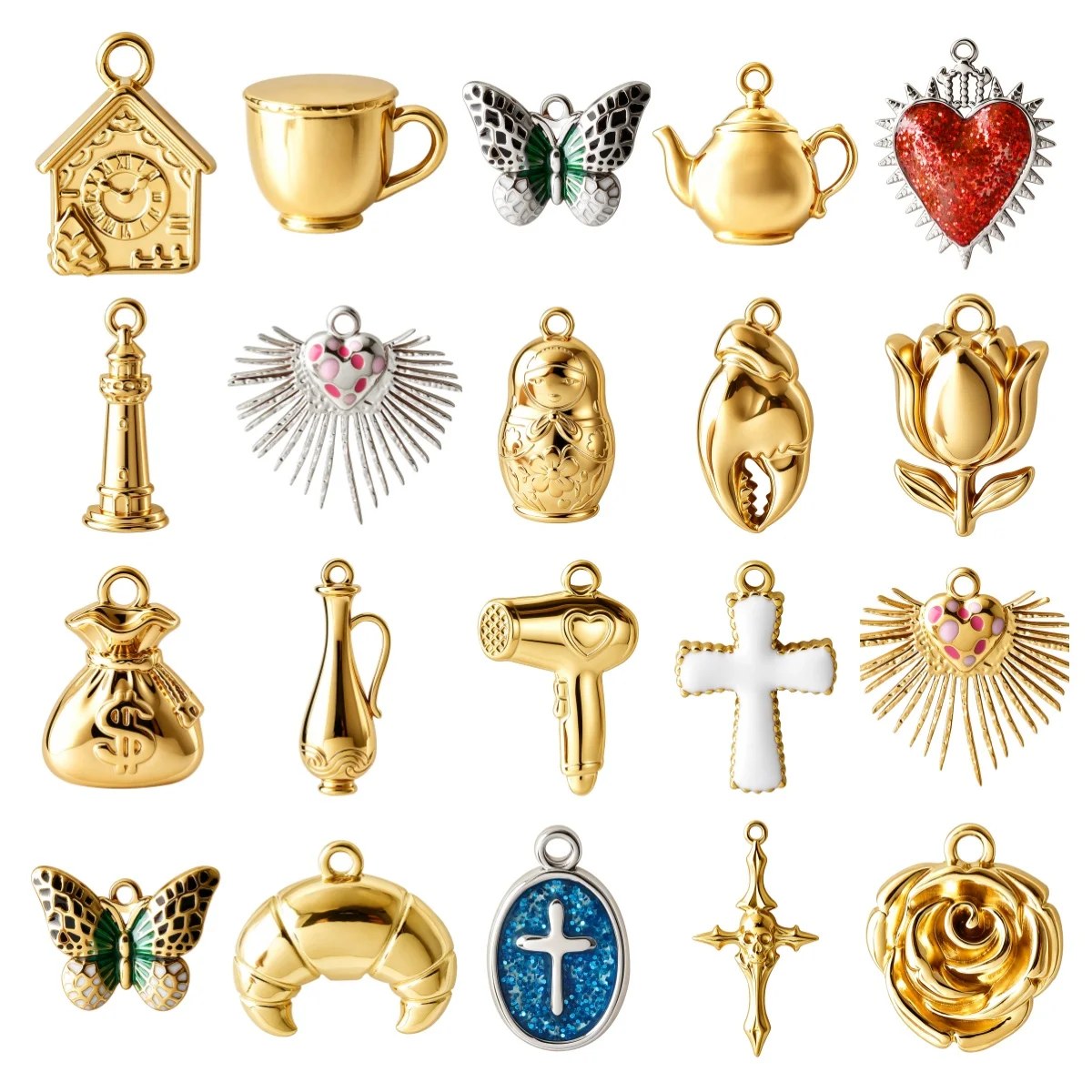 6 Piezas de Dijes de Acero Inoxidable Chapados en Oro de 18K con Forma de Mariposa, Rosa, Cruz, Corazón, Tetera y Croissant para Hacer Collares, Pulseras y Joyería