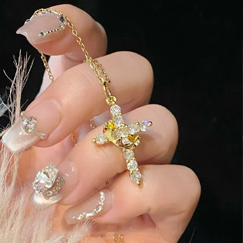 

Rotatable Crown Rhinestone Birthstone Zircon Cross Choker Pendant Necklace for Women Cross Chain Christian Jewelry Prayer Gift