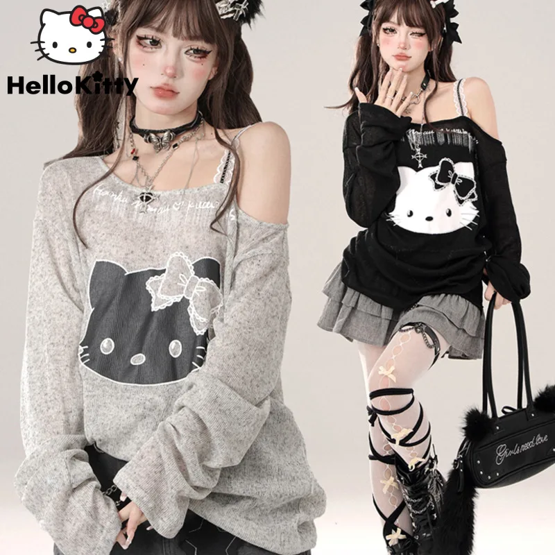 Sanrio Hello Kitty American Style Gray Long Sleeved T-shirt Women\'s Summer Loose Y2k Spicy Girl Off Shoulder Fake Two Piece Top