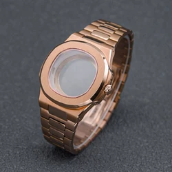 NH35 Mod 42mm Rose Glod Nautilus Watch Case Installed Stainless Steel Watch Strap Fits NH35 7S26 PT5000 Movement Replace Case