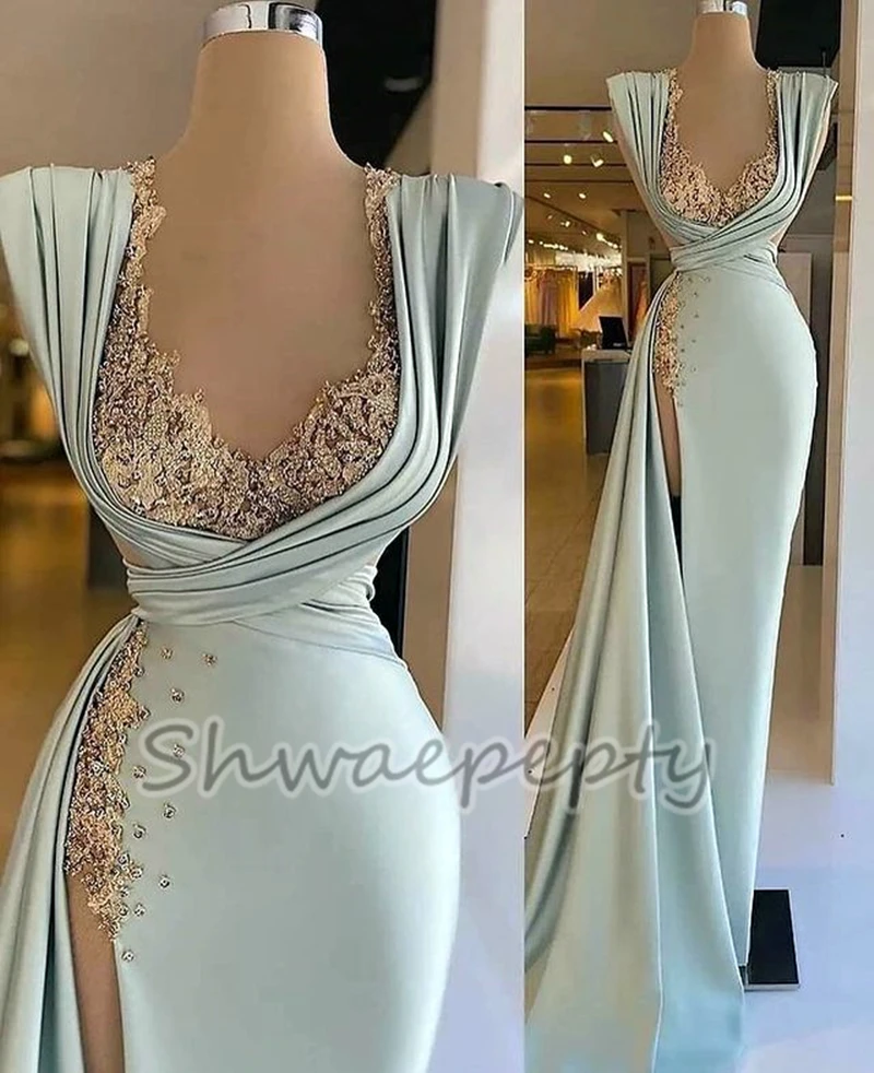 

Sexy Formal Evening Dresses Side High Split Sheer Neck Satin Sheath Occasion Gowns Crystals Beaded Women Prom Dress Customized