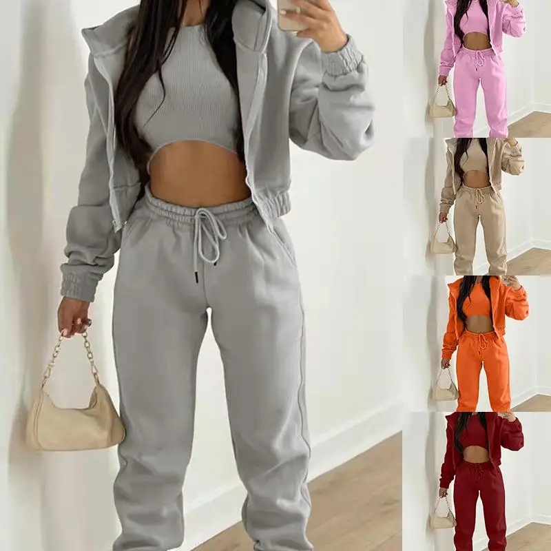 

Women's Hooded Sweatshirt Sports Set Long Sleeve Pure Color Commute Style Four Seasons Casual Wear Three Piece Set
