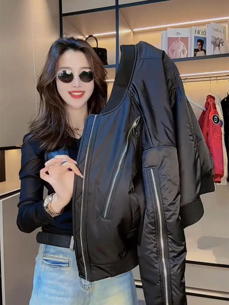 

Slim Fit Baseball Jacket Women's Short Casual Lightweight Pilot Jacket Zipper Pocket Design Spring Autumn New Style Small Size