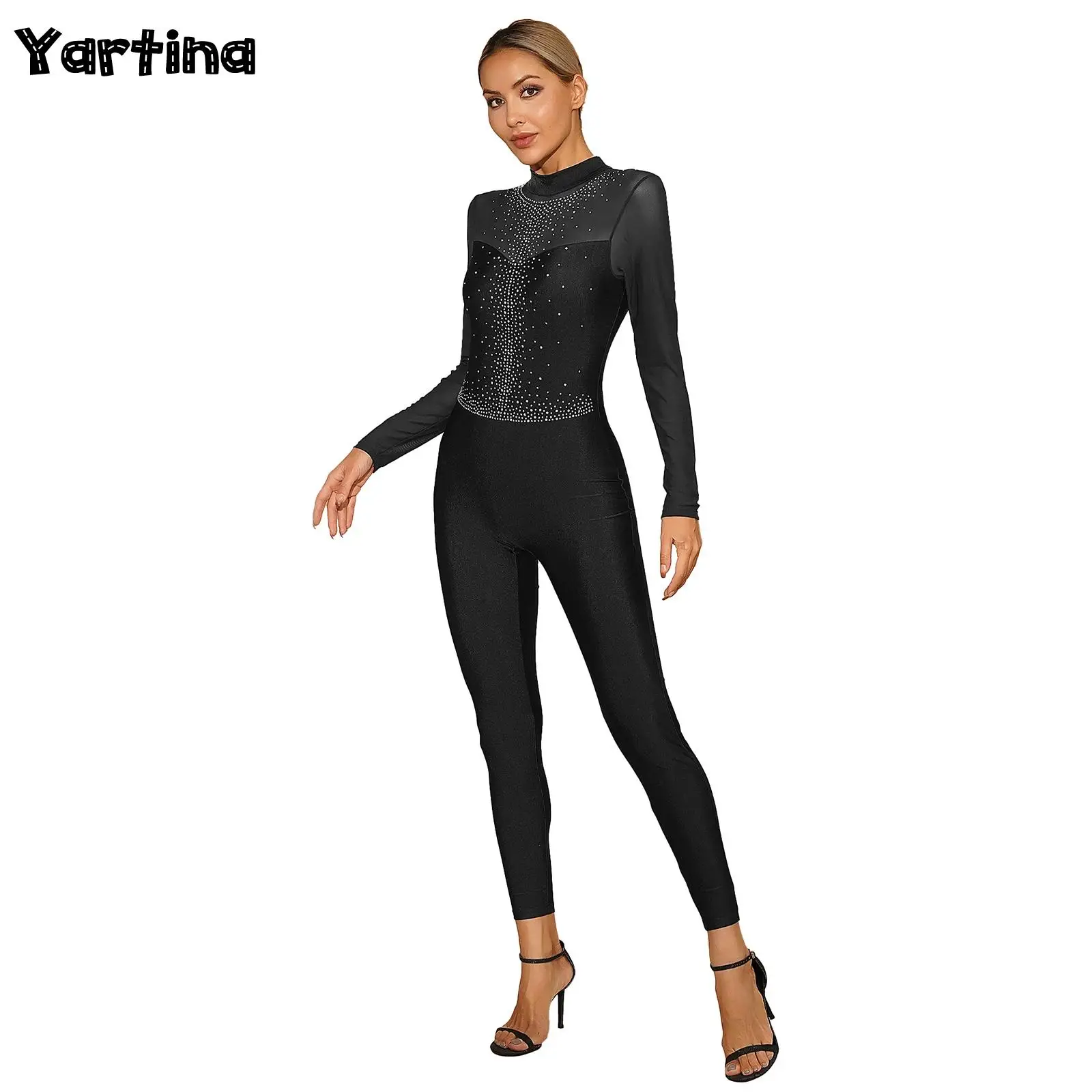 

Womens Glittery Rhinestone Gymnatics Ballet Leotards Dance Costume Sheer Mesh Long Sleeve Unitards Jumpsuit for Figure Skating