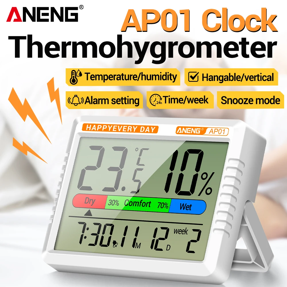 ANENG AP01 Digital Thermohygrometer Electronic Clock Multiscene Measurement High Definition Screen Air Thermometer Hygrometer