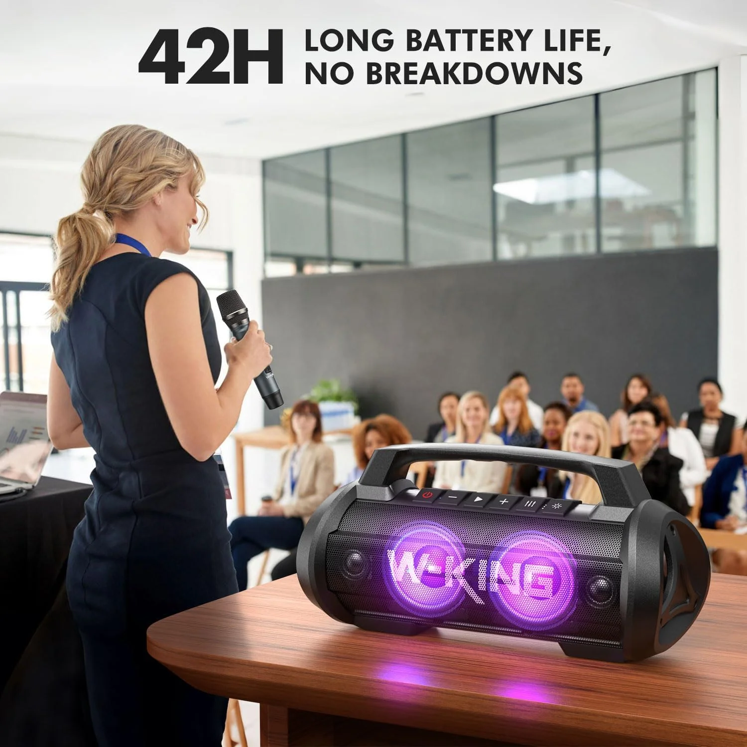 W-KING D10MIC Bluetooth-Lautsprecher mit kabellosem Mikrofon, 70 W RMS, 120 W Spitzenleistung, tiefes Bass, IPX6 wasserdicht, 42 Stunden Akkulaufzeit, tragbarer Party-Lautsprecher. – Detail 7