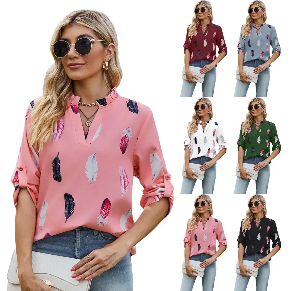 Women's Shirts & Blouses for Women Lady Elegant Top Feather Korean Popular Clothes Summer Trend 2024 Green Female Clothing