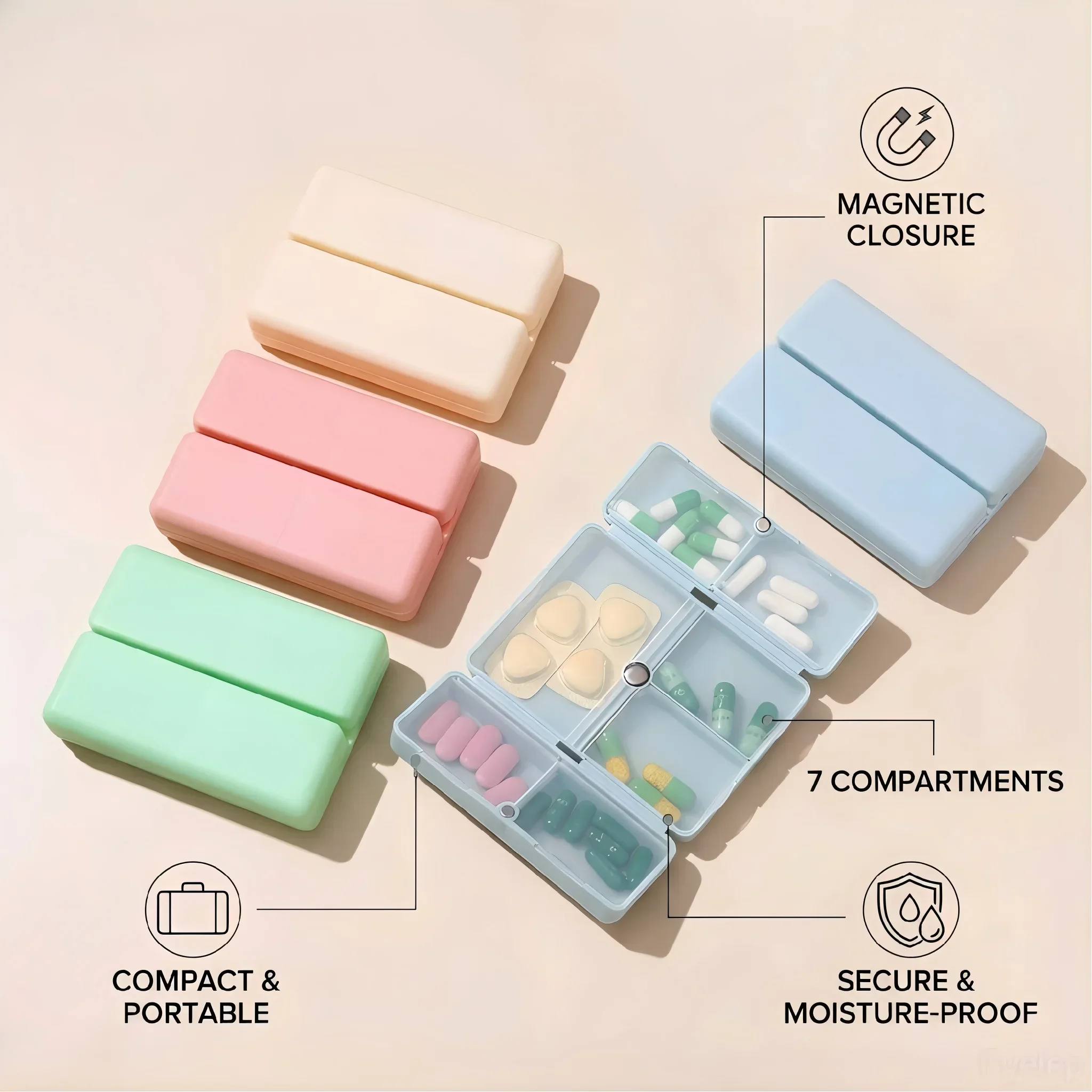 7 Grids Wheat Straw Organizer Container for Tablets Travel Pill Box with Seal Ring Small Medicine Storage Box