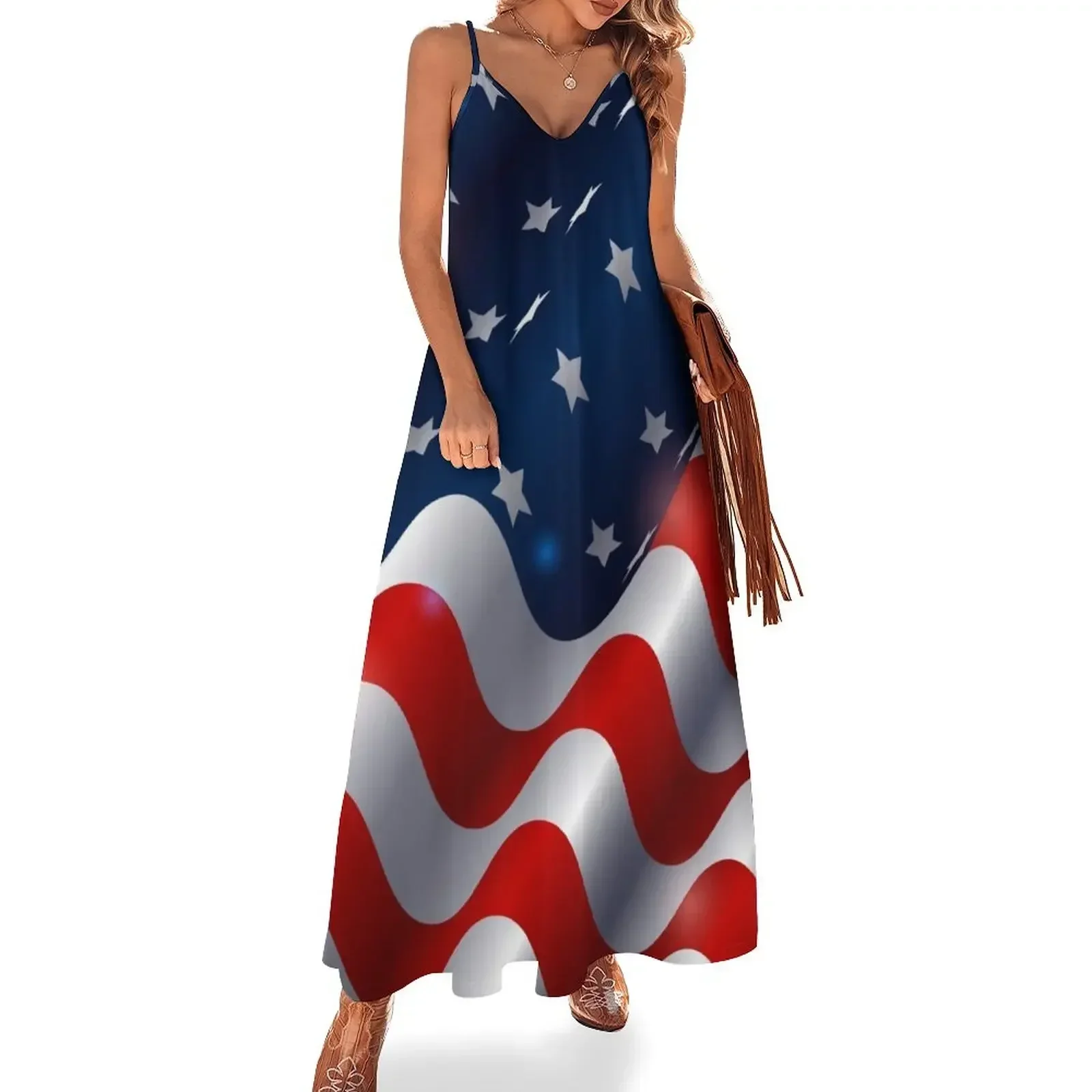 USA Red White and Blue Stars and Stripes American Flag Patriotic Design Sleeveless Dress prom dresses Long dresses Dress