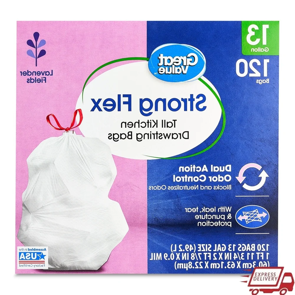 

Strong Flex 13-галлонные кухонные мешки для мусора с ароматом лаванды, устойчивые к разрыву, контроль запаха, упаковка 120 шт., прочное утилизация