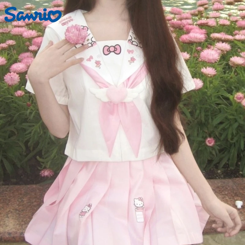 

New Sanrio Hello Kitty Sailor Suit Set Kawaii Cartoon Anime Pochacco Embroidery Printed Accessories Short Skirt Set Women's Gift