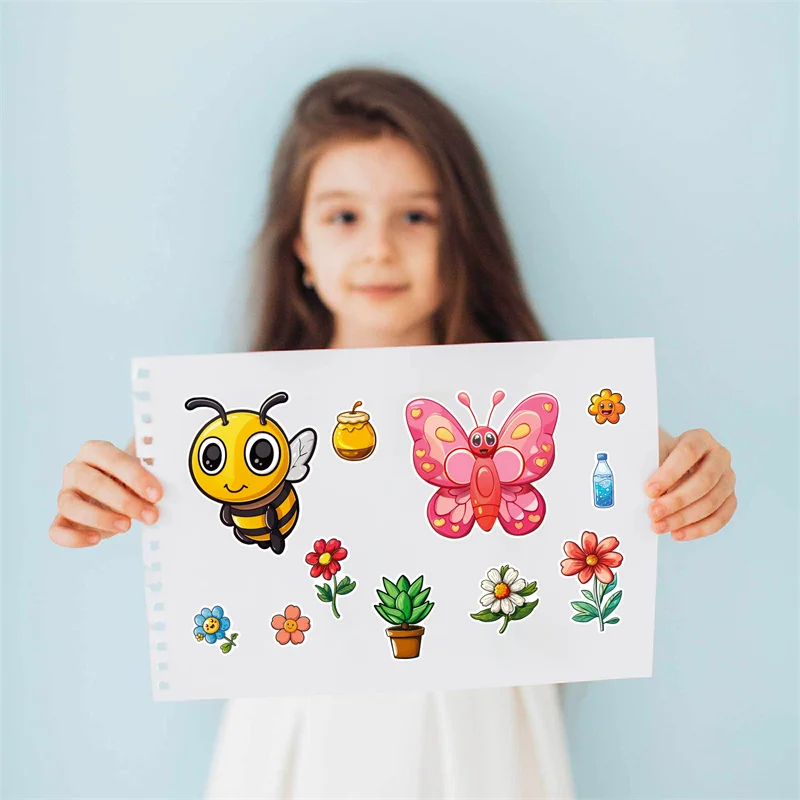 Autocollants de puzzle de dessin animé pour enfants, bricolage, plantes, fleurs, insectes, papillon, visage fait à la main, artisanat, cadeaux pour garçons et filles