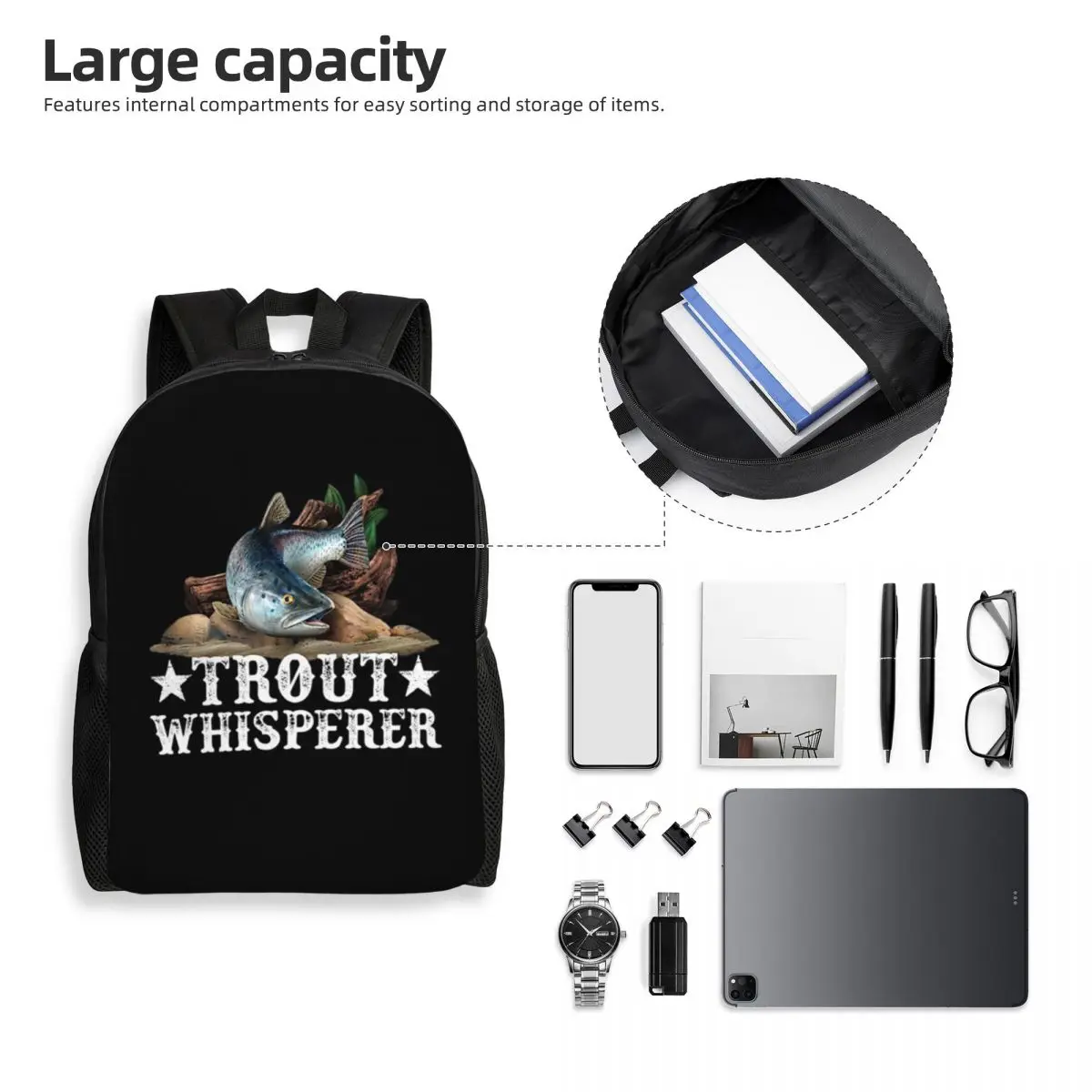 Trout Fish Illustration Fly Fishing Art Backpack Student Boys Girls BookBag School Bag Computer Shoulder Bags