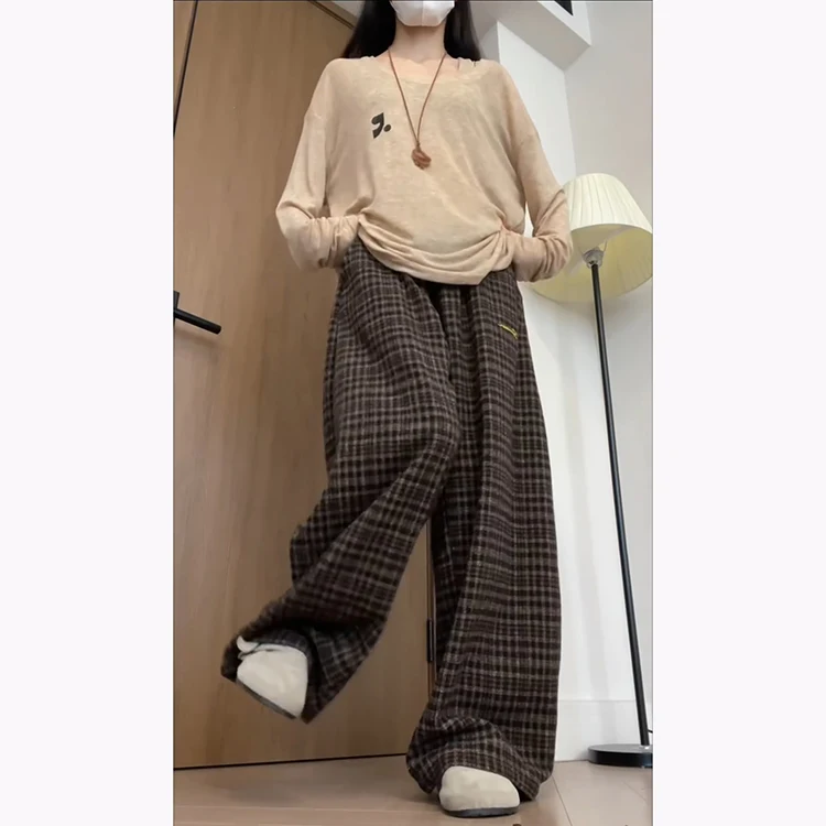 レトロなハイウエスト刺繍入りチアリーダーパンツ 秋冬新作ファションカラーブロ 多用途韓国風ワイドレッグパンツ...