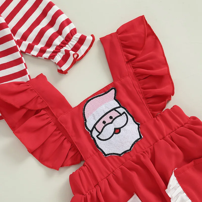 Roupas de Natal para bebês meninas de 0 a 24 meses, tops listrados com babados e manga comprida + macacão com suspensórios bordados de Papai Noel com bolsos, conjunto de 2 peças