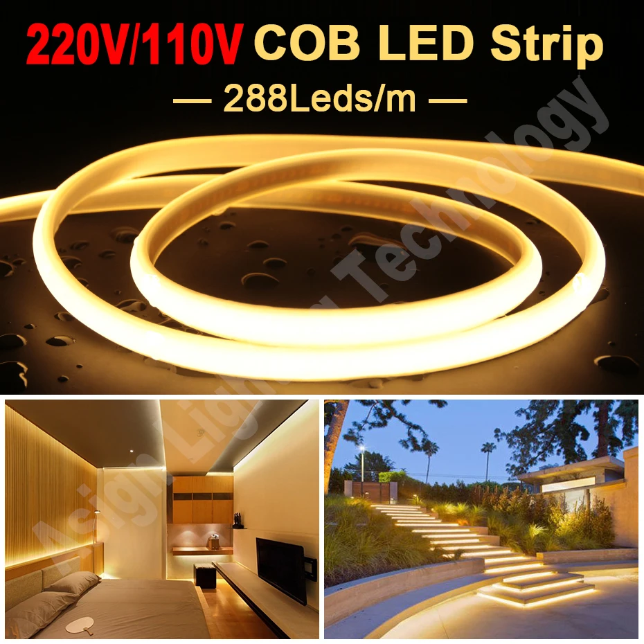 

0.5m-50m High Bright COB Strip Light 220V 110V 288LEDs/m Flexible Tape Outdoor Lighting LED Ribbon with EU/US Power Plug