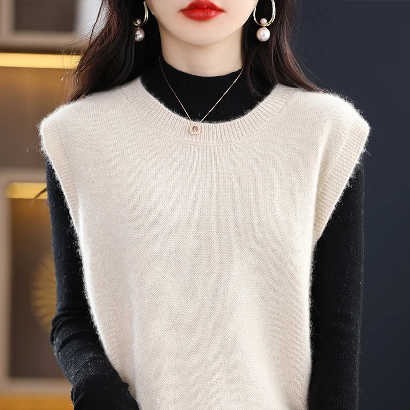 

Loose Knitted Wool Cashmere Vest Women's round Neck Outerwear Comfortable Fit Summer Fashion Commute Style Color