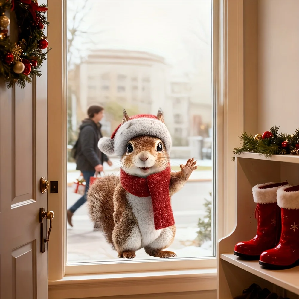 1pc Christmas Squirrel Window Sticker with Scarf Santa Hat Static Cling Winter Door Glass Decoration for Home Office Coffee Shop