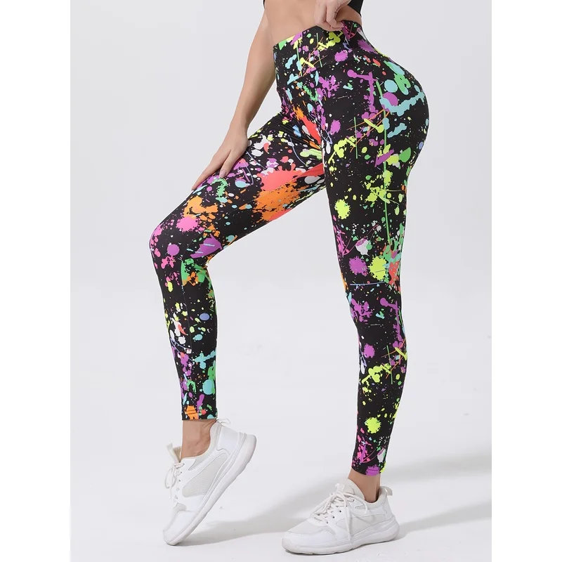 Glow-in-the-dark Printed Yoga Pants, Fluorescent High-stretch Leggings 90% Polyester 10% Spandex Fabric Women Party Style
