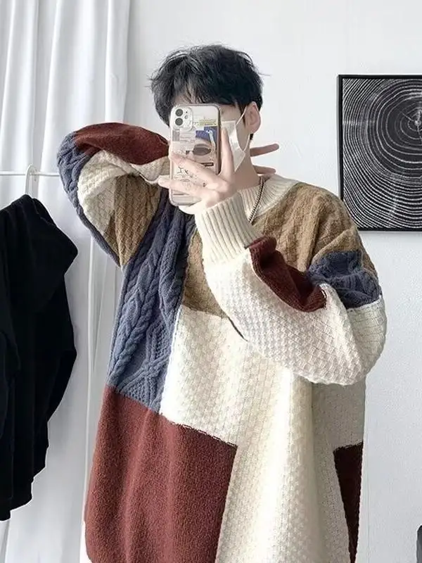 

Мужской вязаный свитер свободного кроя, осенне-зимний, с цветными вставками, в стиле High Street, повседневная молодежная мода