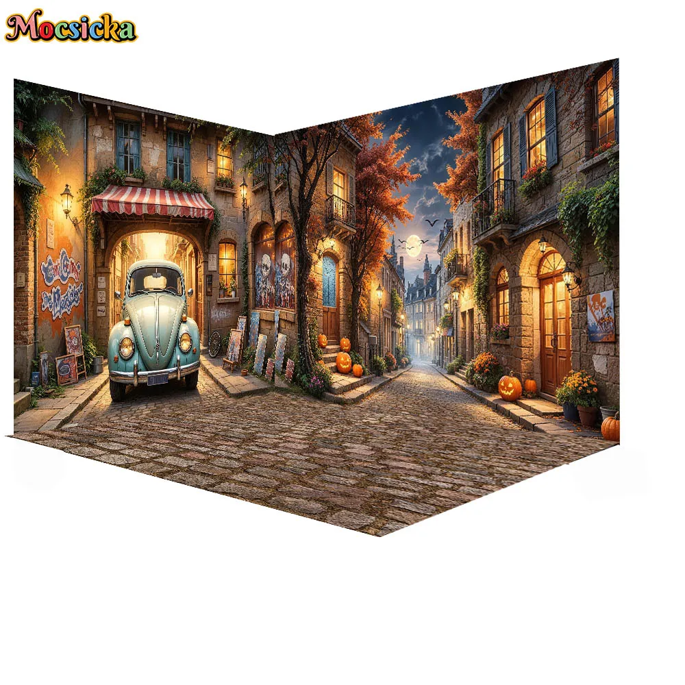 Mocsicka 3D Corner Room Photography Background Halloween Town Street Retro Car Decoration Kid Holiday Party Portrait Studio Prop
