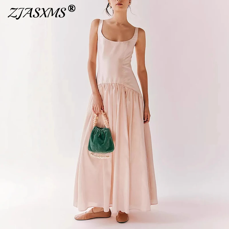 여성용 맥시 파티 원피스, 섹시한 U 넥 슬링, 긴 플리츠 원피스, 백리스 할로우 아웃 밑단, 여름 휴가 드레스, 2025 용수철