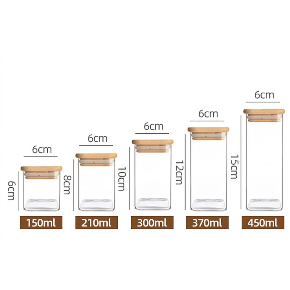 150/210/300/370/450ml High Borosilicate Glass Sealed Can Transparent Storage Supplies Glass Jar with Bamboo Lid Moisture Proof