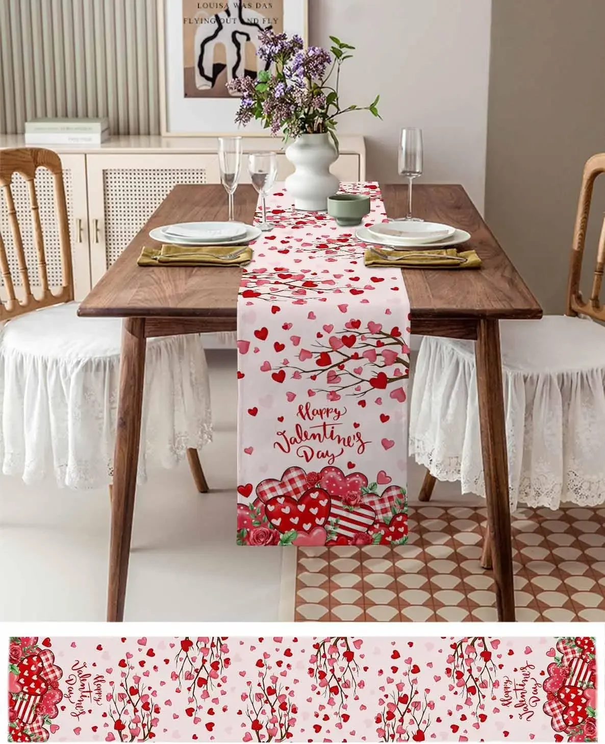 1Pc Valentine Heart Branch Pattern Table Runner Red Pink Happy Valentines Day Print Table Cover For Dining Room Wedding Party De