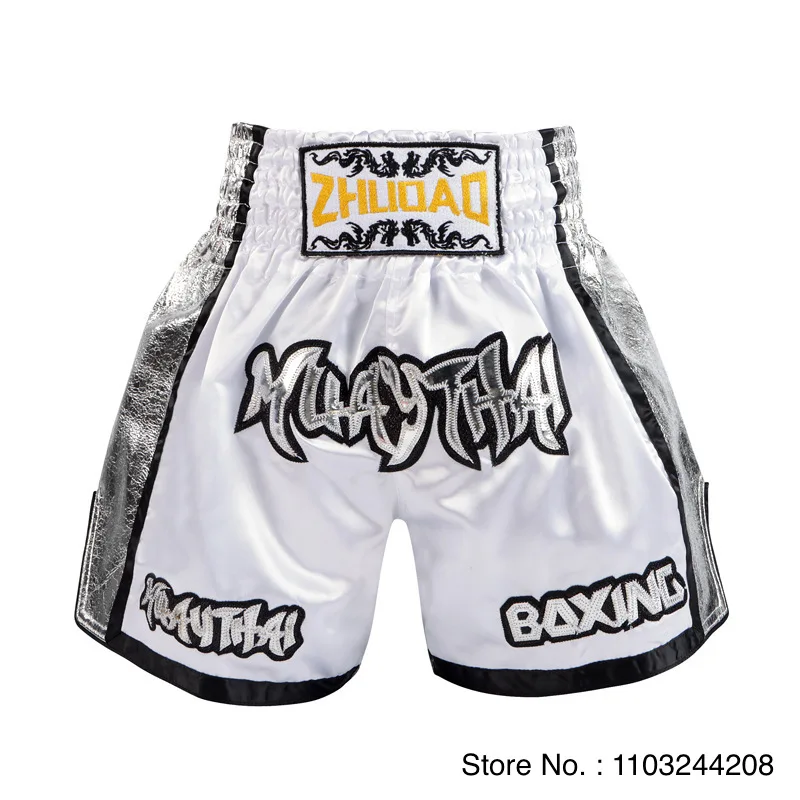 Muay Thai Boxing Shorts Premium Embroidery Cage Fighting Kickboxing Grappling Training Match Pants Men Women Child MMA Clothing