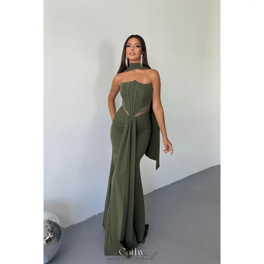 

Cathy Customize Olive Green Waist Cut-out Prom Dress Halter Floor-length vestidos de noiva Mermaid Side Slit Formal Evening 2025