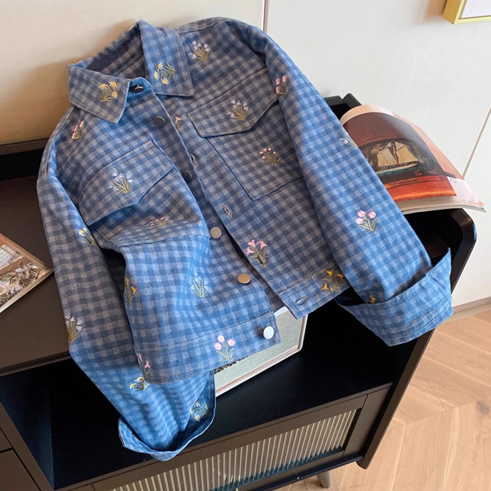 Americano retro azul xadrez floral lapela denim jaqueta feminina primavera e outono design sentido frito rua solta jaqueta topo